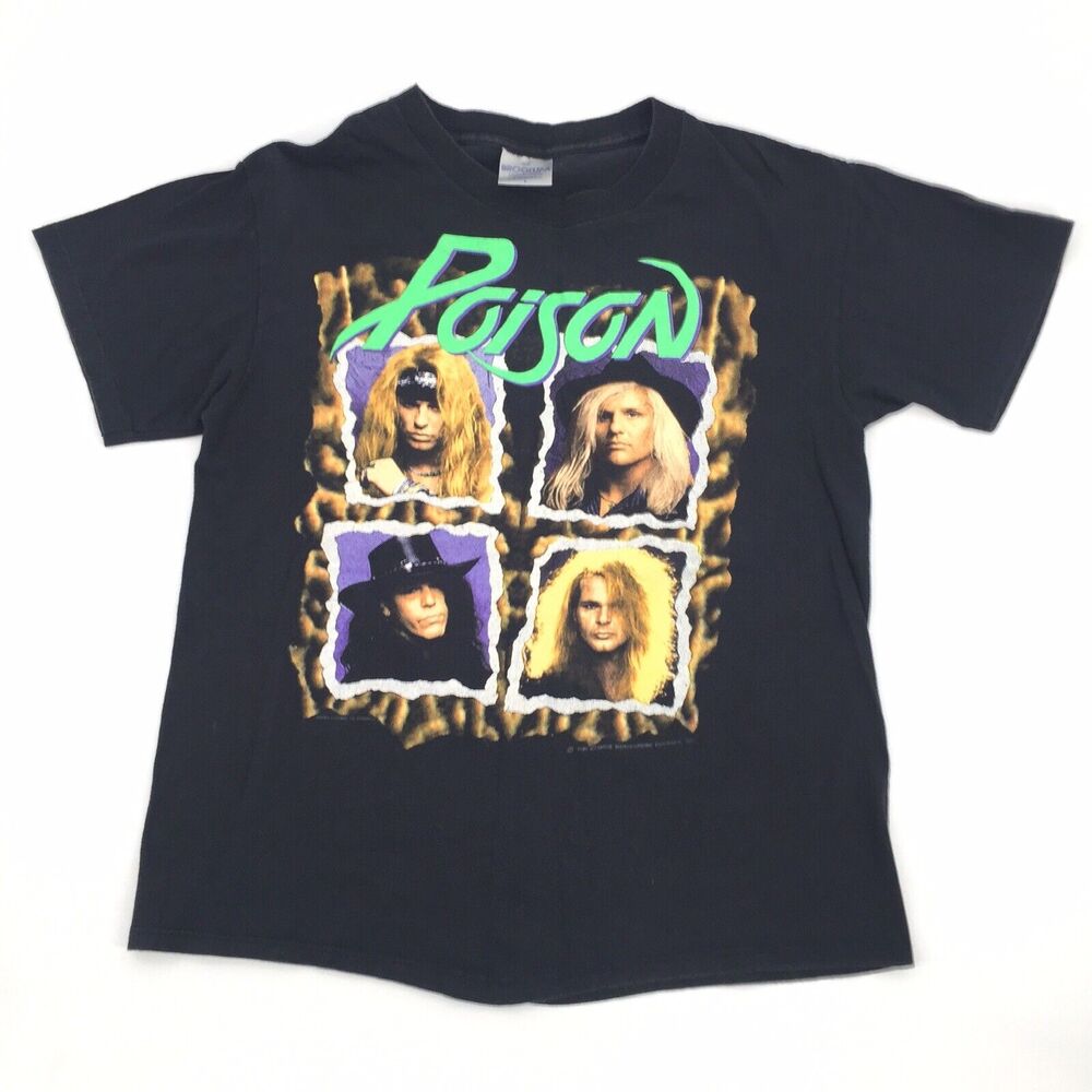Vintage 1990 Poison Short Sleeve Hair Band T-Shirt Size Large Mens Adult Black L